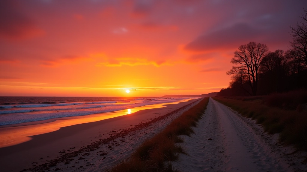 Ventspils jūrmala saulrieta laikā, oranžā un purpura debesīs