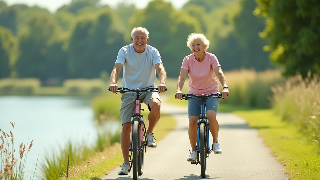 Senioru pāris uz velosipēdiem Būšnieku ezera piekrastē, zilas ūdeņa viļņi redzamas aizmugurē