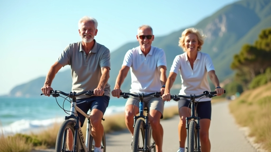 Seniori uz velobraukšanas tūres, jūra fona, saulains aprīkojums
