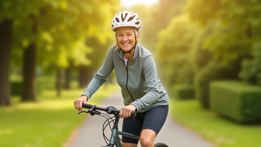 Vecāka gadagājuma sieviete ar velosipēdu draudzīgā vidējā laukumā, saulains aprīkojums