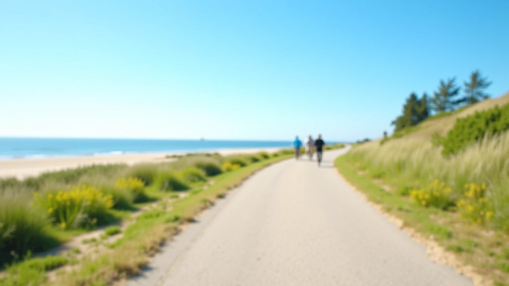 Ventspils jūrmala ar velobraukšanas taku, viļņi un smilts